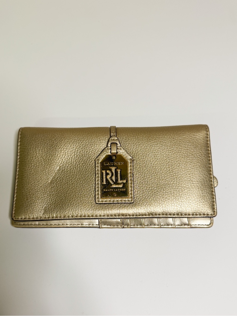 Ralph Lauren Metallic Gold Leather Continental Wallet with RL Tag